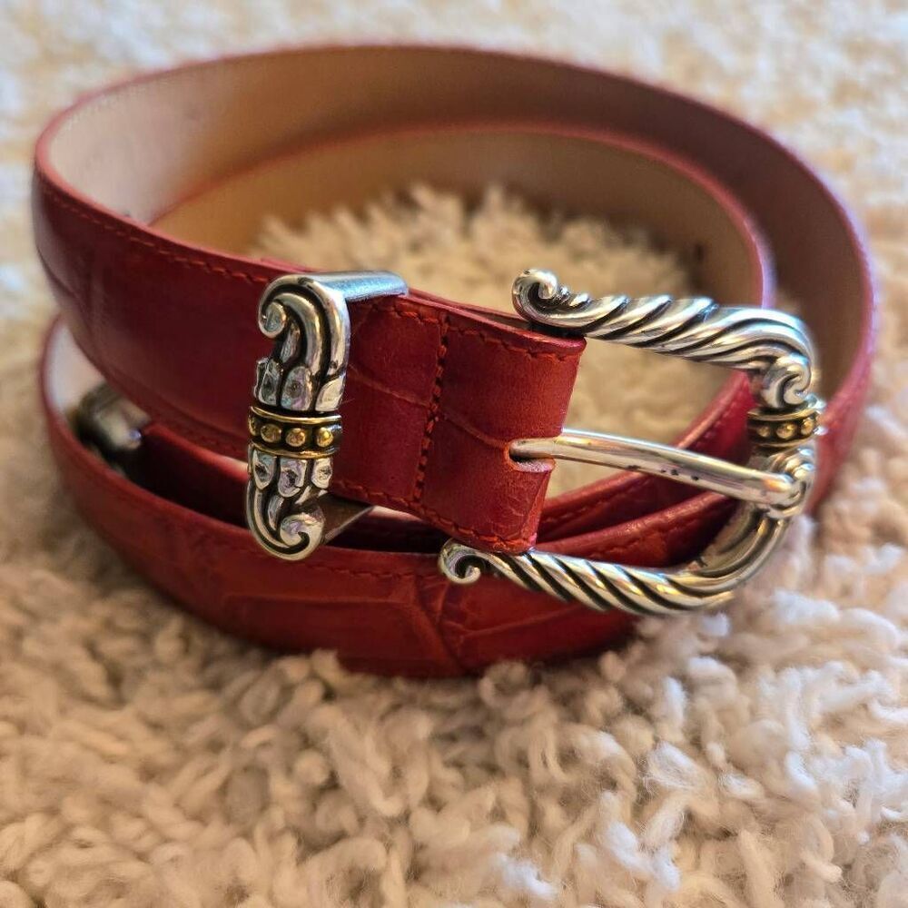 Brighton Red Leather Croc Embossed Belt Silver with Gold Accent Hardware Medium